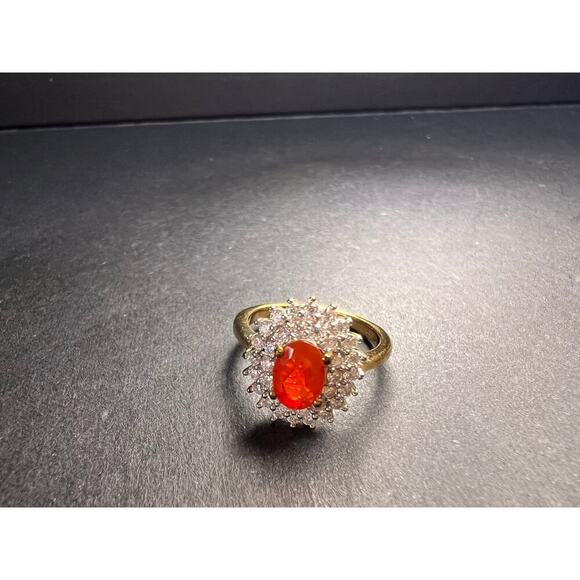 NEW Mexican Cherry fire opal moissanite halo ring in vermeil YG over 925 size 5 - Picture 4 of 16